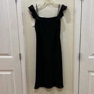 Trio New York Black Midi Shift Dress has Spaghetti Straps/Cold Shoulder Sleeves